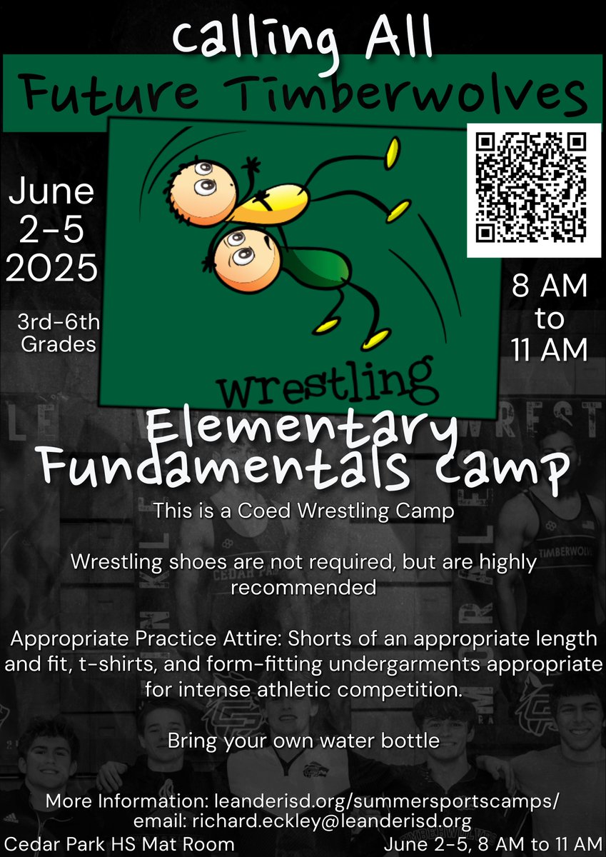 Sign Up for Wrestling Camp @ CPHS
June 2-5
3rd-6th Grades 8-11 AM
7th-9th Grades 12-3 PM
(2025-2026 School Year)
leanderisd.org/summersportsca…