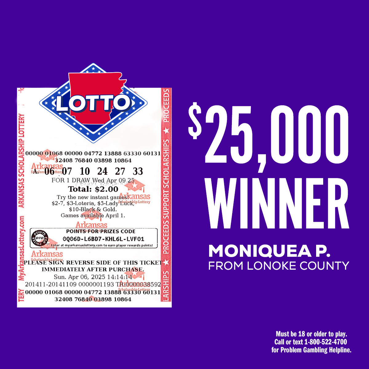 Arkansas Scholarship Lottery (@myarlottery) on Twitter photo Moniquea from Lonoke County won $25,000 playing LOTTO! Not bad for a $2 ticket she bought on the go via <a href="/Jackpocket/">Jackpocket</a>! Get your ticket for the next drawing. MyArkansasLottery.com/About/Where-to… Moniquea from Lonoke County won $25,000 playing LOTTO! Not bad for a $2 ticket she bought on the go via <a href="/Jackpocket/">Jackpocket</a>! Get your ticket for the next drawing. MyArkansasLottery.com/About/Where-to…