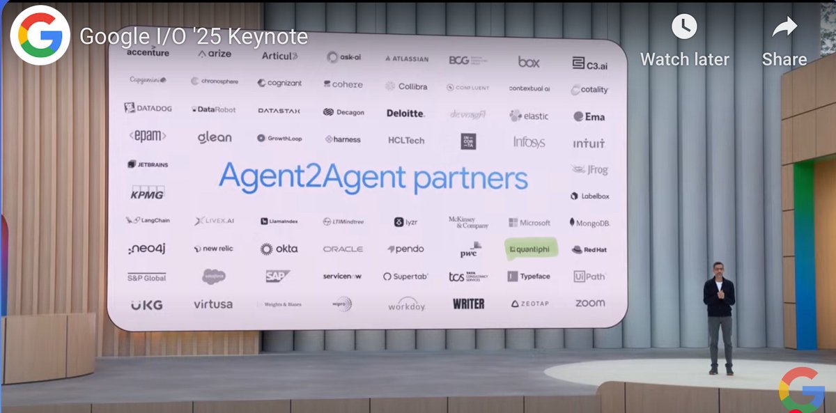 Quantiphi (@quantiphi) on Twitter photo Proud to be featured in Sundar Pichaiโs #GoogleIO2025 keynote! We're thrilled to be an #A2Apartner with <a href="/googlecloud/">Google Cloud</a>โhelping enterprises build intelligent, interoperable agents using #A2Aprotocol & Gemini 2.5 on Vertex AI.
Know more: developers.googleblog.com/en/a2a-a-new-eโฆ
#AgenticAI #A2A Proud to be featured in Sundar Pichaiโs #GoogleIO2025 keynote! We're thrilled to be an #A2Apartner with <a href="/googlecloud/">Google Cloud</a>โhelping enterprises build intelligent, interoperable agents using #A2Aprotocol & Gemini 2.5 on Vertex AI.
Know more: developers.googleblog.com/en/a2a-a-new-eโฆ
#AgenticAI #A2A