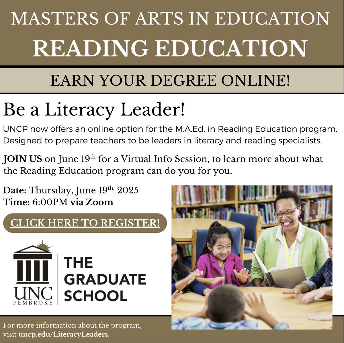 Are you interested in becoming a leader in literacy? Join us for a virtual information fair and learn more about our Reading Education Program.
When: June 19, 2025
Time: 6:00 pm 
Where: Zoom (be sure to register to receive the meeting link)
To register: docs.google.com/.../1FAIpQLSdE…