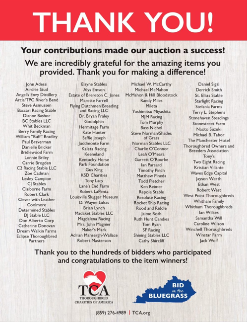 Bid on the Bluegrass is a wrap! 💙🌾
Huge thanks to our donors, sponsors &amp; bidders for supporting Thoroughbred Charities of America. Your generosity fuels programs that make a real impact. 🐎💛 #BidOnTheBluegrass #TCA #ThoroughbredCharities