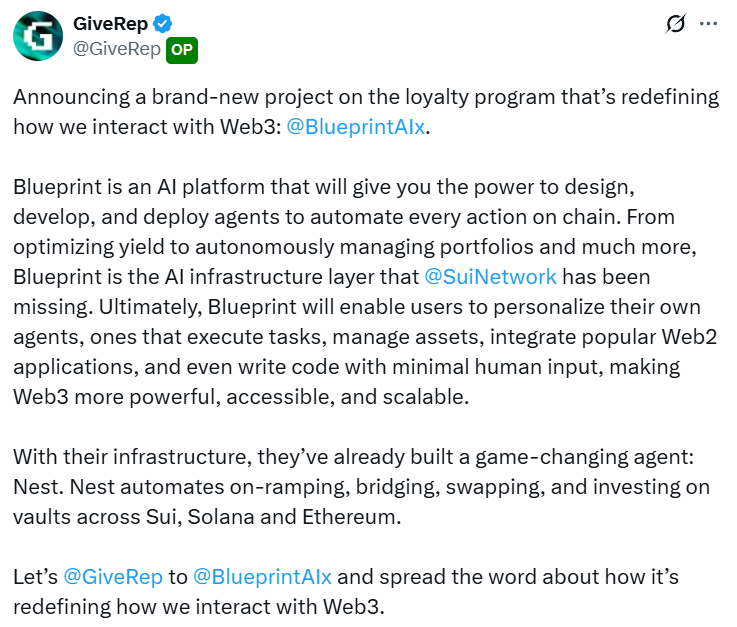 A new era for Web3! Announcing <a href="/BlueprintAIx/">Blueprint</a> – the AI platform giving you the power to automate everything on-chain

Design, develop, and deploy agents to automate on-chain actions! Check out Nest, their agent already automating across Sui, Solana, and Ethereum.

Redefine your