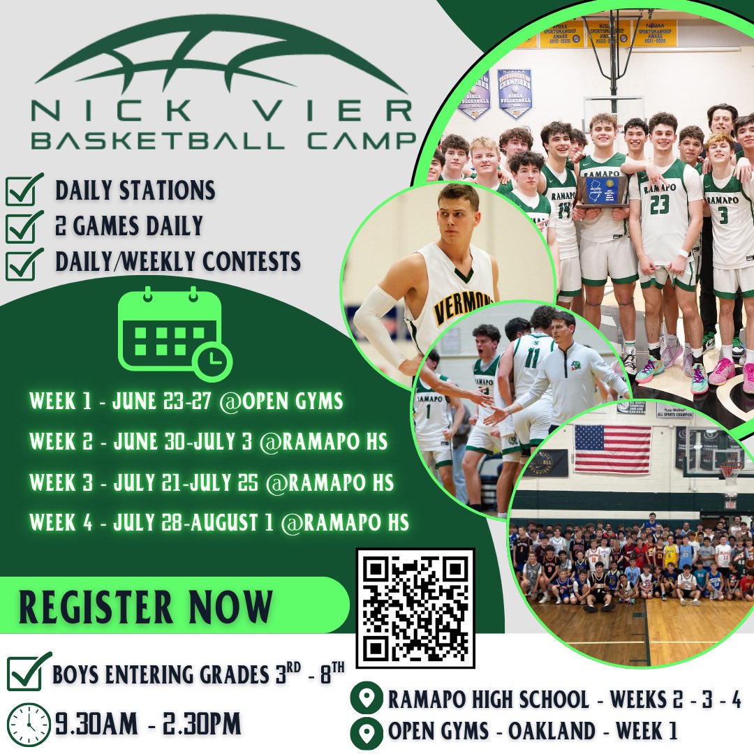 🚨Register for Nick Vier Basketball Camp at Ramapo HS/Open Gyms today!🚨 Join the State Champion Green Raiders for 4 weeks of Hoops at one of the fastest growing camps in North Jersey‼️🏀- Register through the link in Bio