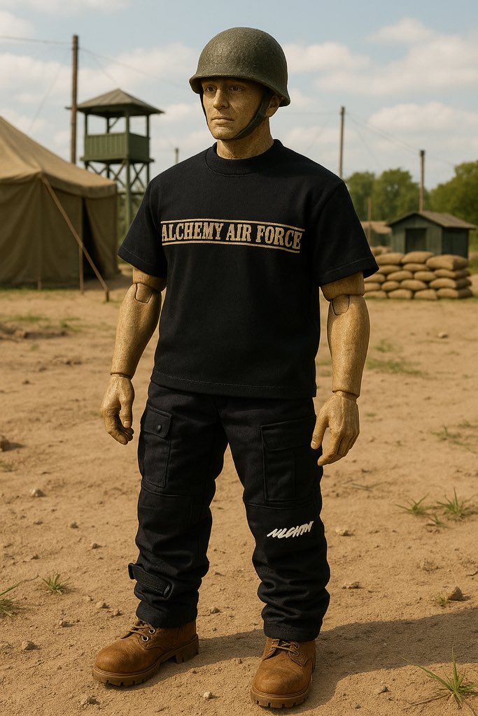 ALCHEMYtdg's tweet photo. Alchemy Air Force T-Shirt 

Tried sneaking into a military camp for a photoshoot but we got denied. 
So we deployed AI toy soldiers instead zero attitude, 100%  AURA.

Link in bio 🔗 https://t.co/LtOBUH6jeb