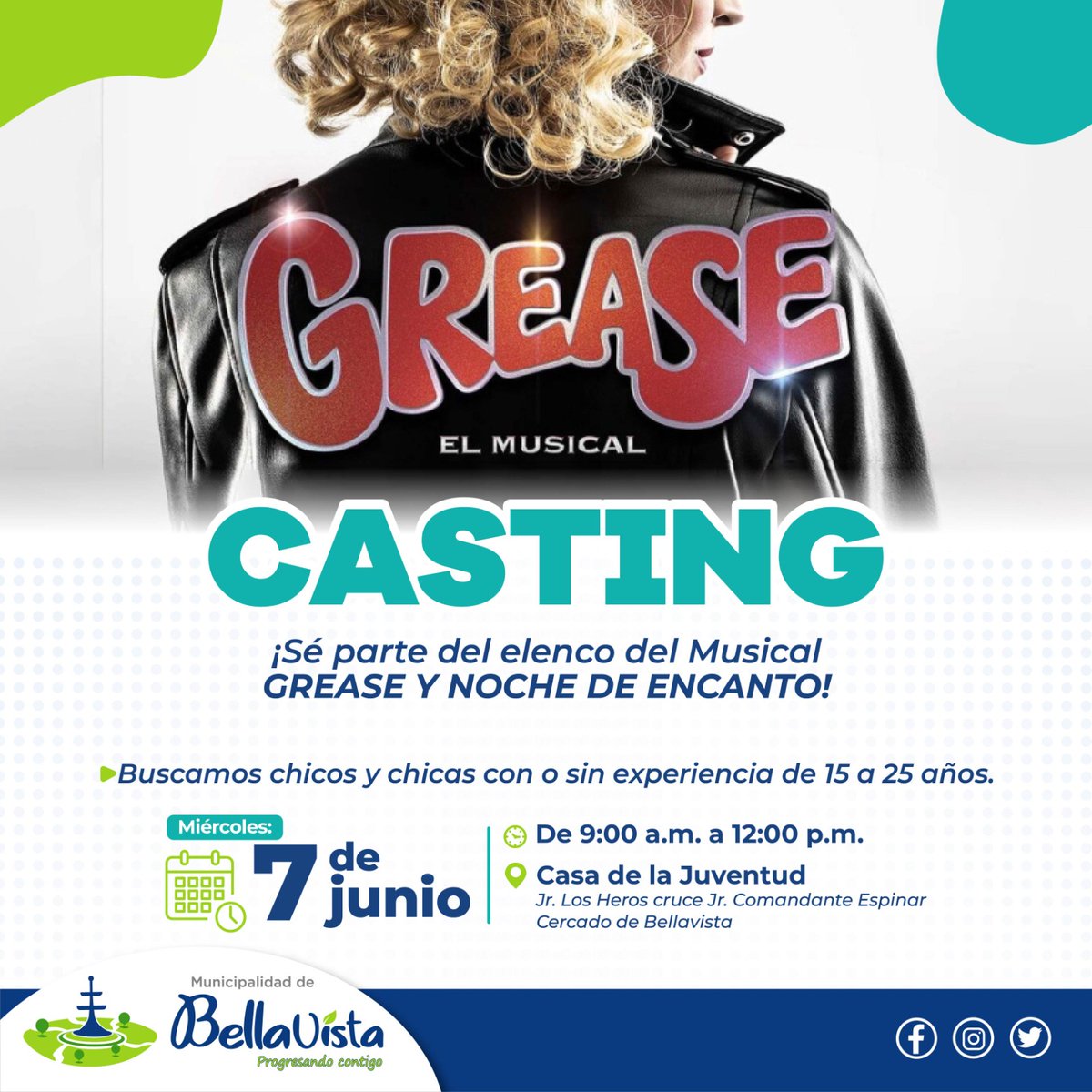 🎭 ¡Casting para Grease y Noche de Encanto! 🎬 Invitamos a nuestros jóvenes interesados en el teatro musical a participar este miércoles 7 de junio de 9 a.m. a 12 p.m. en La Casa de la Juventud. ¡Ven a brillar sobre el escenario! 👉 Informes: 941974232.
