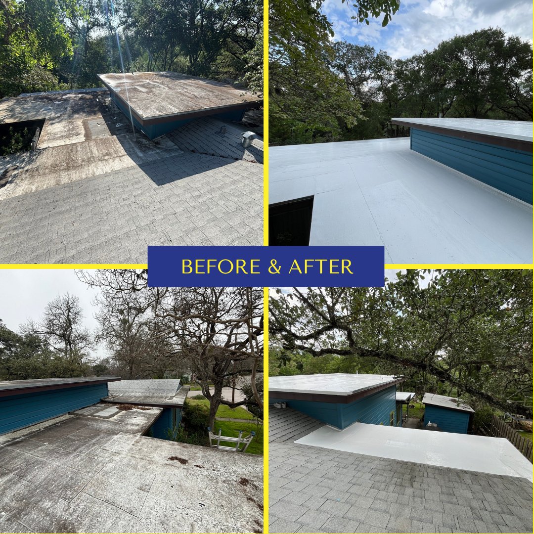 Check out this before and after of a Roof Coating we recently completed. If you have a flat roof system and want to learn more about this application please give us a call or go to our website.
512-458-6800
hdroofingandrepairs.com
#austin #AustinRoofing #roofing #roofcoating