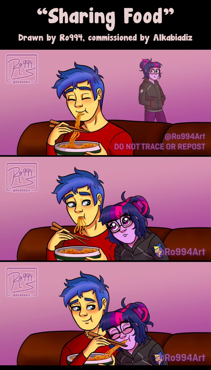 Ro994Art's tweet photo. 💜💙[C0MMISSIONED WORK] SciFlash - Stealing Food 🍜

Twi's puppy eyes work every time. 🥺🤭

This was commissioned by Alkabiadiz, who will be hosting Flashlight Week this year! The event is less than 3 weeks away, so if you're interested, I'll l!nk his DA below. 😁⬇️ https://t.co/9jWulBW2pu