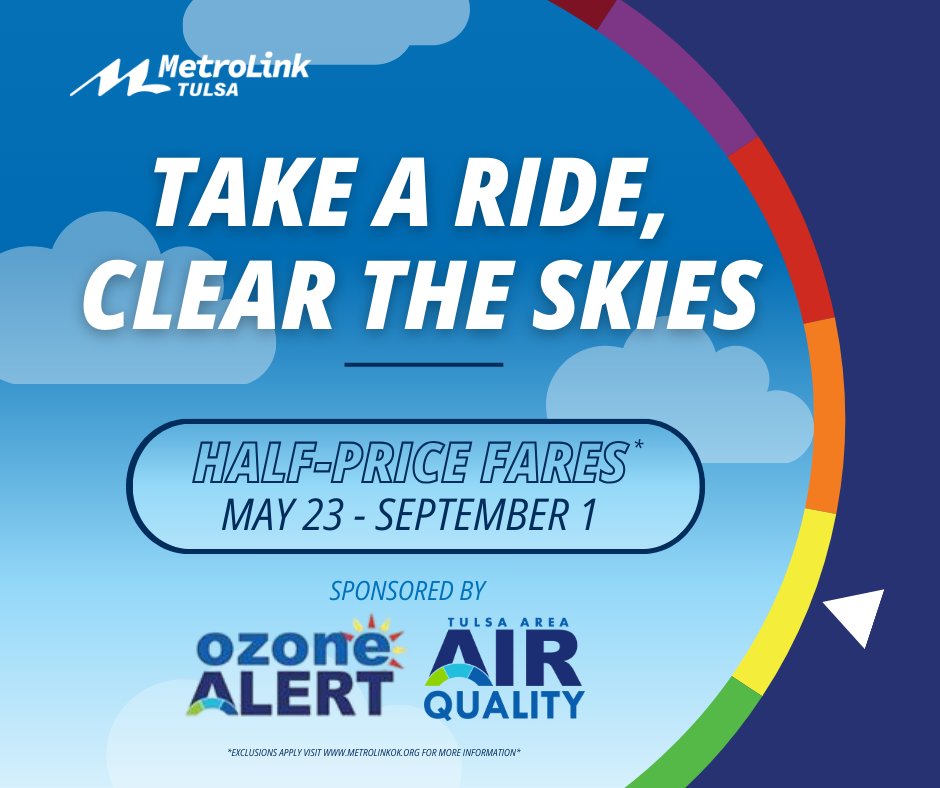Ozone Alert! Half-Price Fares are Back! 🌞🌈

☁️ For more information visit metrolinkok.org/ozonealert
