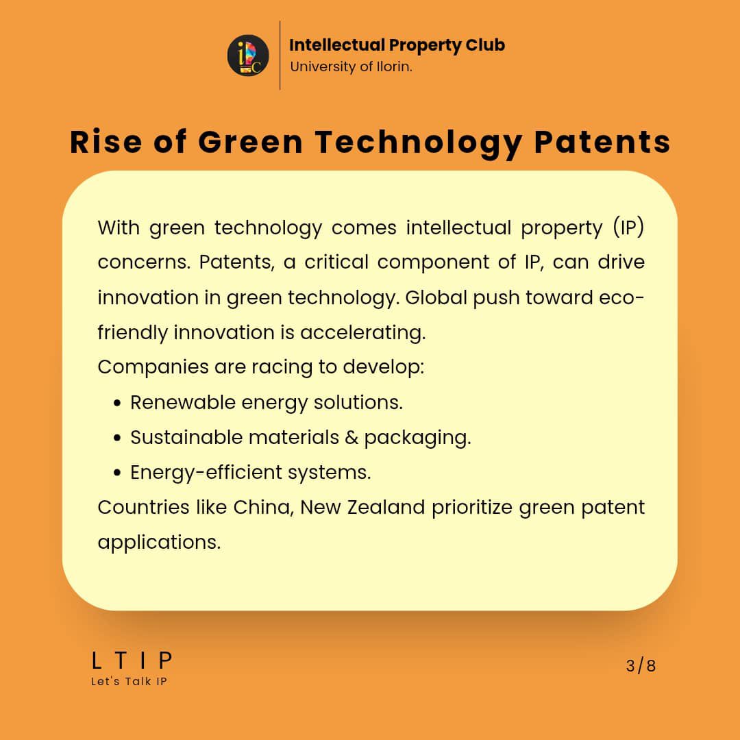 IPCunilorin's tweet photo. Another Wednesday, another #LTIP!🤩 and this week we are looking into the overlap between Intellectual Property, Green Technology/Inventions and Environmental Sustainability! We look at how IP protects and assures the future of Green Inventions. https://t.co/ecnTDZ91t0