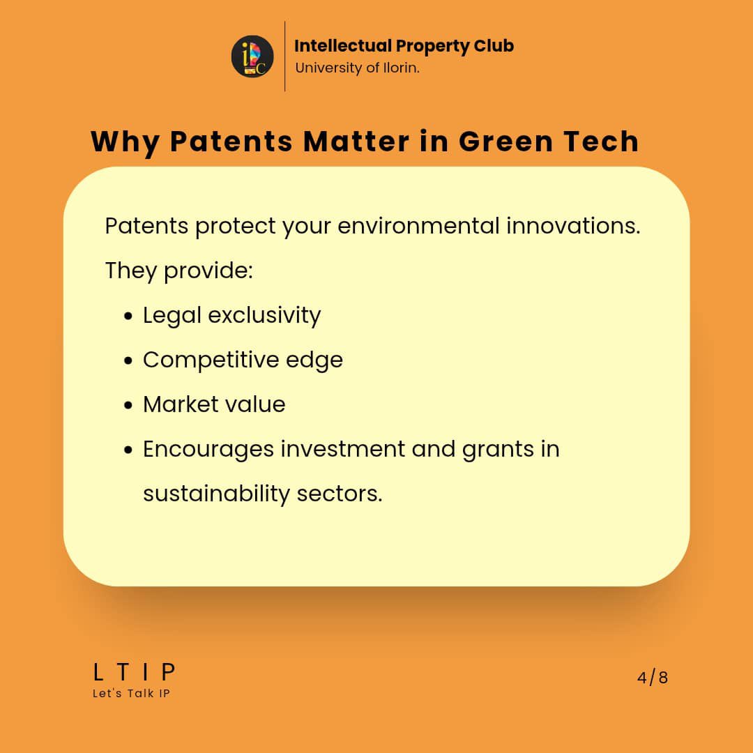 IPCunilorin's tweet photo. Another Wednesday, another #LTIP!🤩 and this week we are looking into the overlap between Intellectual Property, Green Technology/Inventions and Environmental Sustainability! We look at how IP protects and assures the future of Green Inventions. https://t.co/ecnTDZ91t0