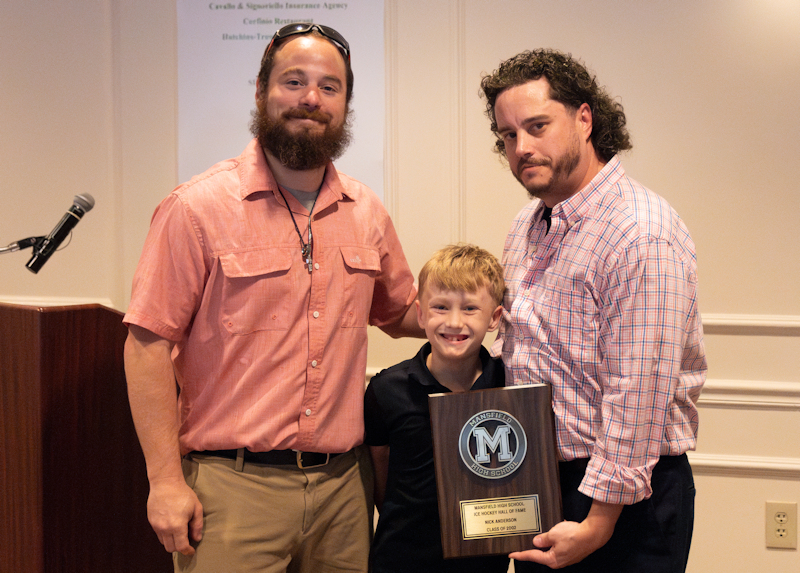 Congrats to Nick Anderson on his induction into the Mansfield HOF for Ice Hockey! Nick is pictured with his brother Jared and his son Owen! Nick ('02) was an outstanding goalie who served as captain and earned Hock All-Star and Team MVP Honors before moving on to play at UNH!