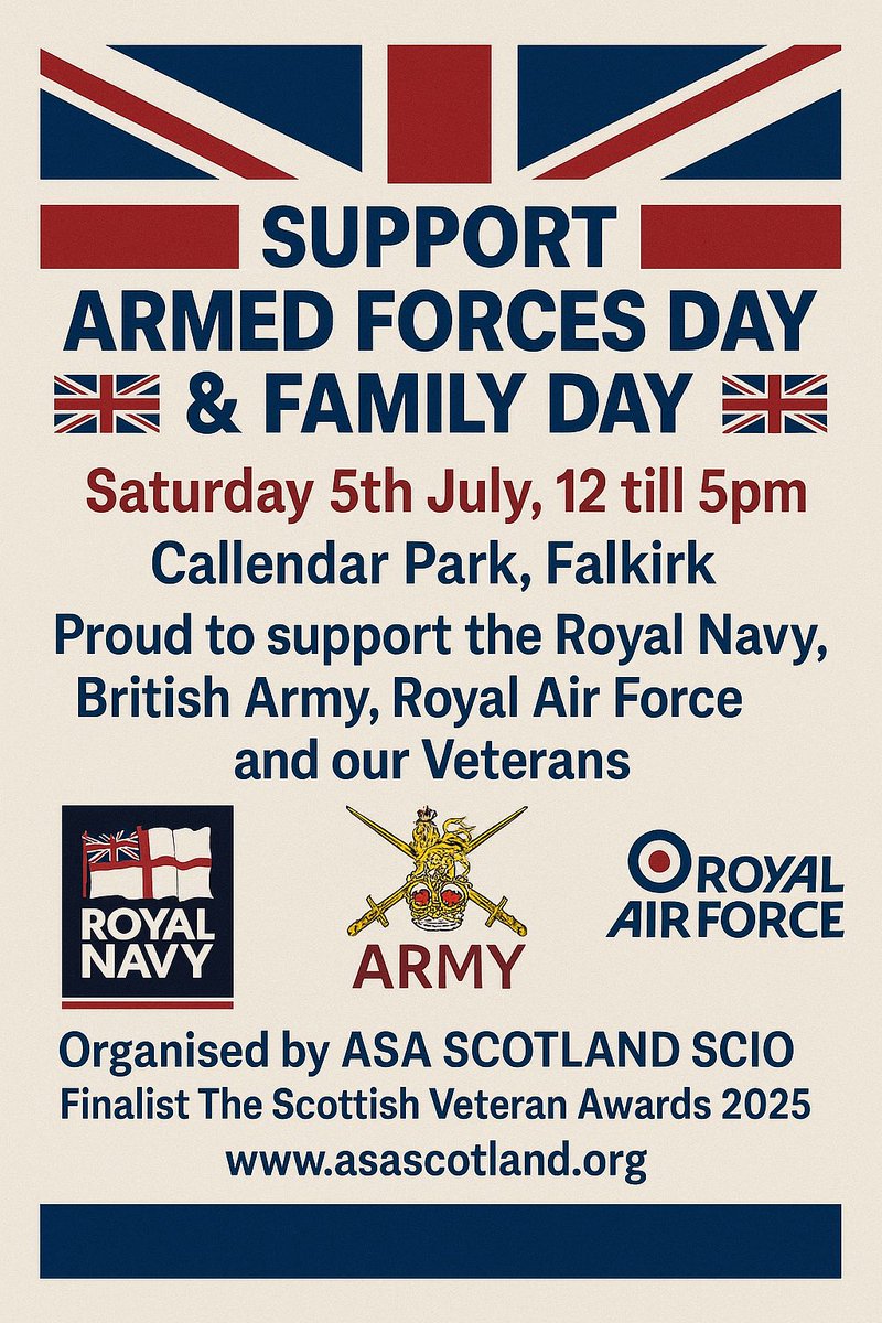 ASA Scotland Charity SCIO🇬🇧 (@ancresommescot) on Twitter photo SUPPORT OUR ARMED FORCES DAY 🇬🇧🏴 If you live in the Central Region of Scotland, why not come along and enjoy a fantastic day out!
FREE ENTRY!
#Falkirk #Scotland
#ArmedForcesDay #ArmedForces #Veterans #Community #SeaCadets #ArmyCadets #AirCadets <a href="/Euan4Falkirk/">Euan Stainbank MP</a> <a href="/kittysull1/">Kirsteen Sullivan MP</a> SUPPORT OUR ARMED FORCES DAY 🇬🇧🏴 If you live in the Central Region of Scotland, why not come along and enjoy a fantastic day out!
FREE ENTRY!
#Falkirk #Scotland
#ArmedForcesDay #ArmedForces #Veterans #Community #SeaCadets #ArmyCadets #AirCadets <a href="/Euan4Falkirk/">Euan Stainbank MP</a> <a href="/kittysull1/">Kirsteen Sullivan MP</a>