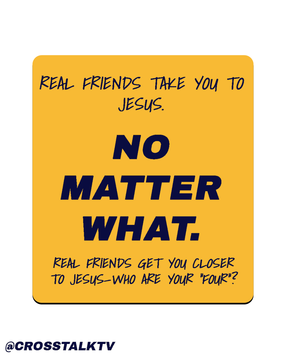 CrossTalkTV's tweet photo. Who are your “four”? 🧍‍♂️🧍‍♂️🧍‍♂️🧍‍♂️➡️✝️
In Mark 2, a man was healed because his friends carried him to Jesus—literally. That’s the power of real friendship.

You can watch the full message,  on the CrossTalk YouTube channel.

#share #friends #healed #healing #four #Jesus https://t.co/imuM51qHsc