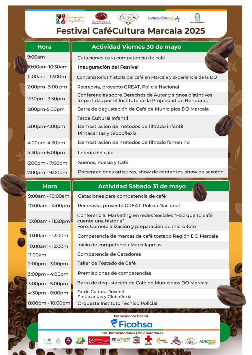 roatantoday's tweet photo. ☕🎉 Festival CaféCultura Marcala 2025
📅 30 y 31 de mayo | 📍 Marcala, La Paz
Ya está disponible el calendario oficial del festival catas, competencias, conferencias, arte, poesía, degustaciones y presentaciones en vivo… ¡Viví dos días inolvidables en el corazón de la regió! https://t.co/SF8zcCP1eB