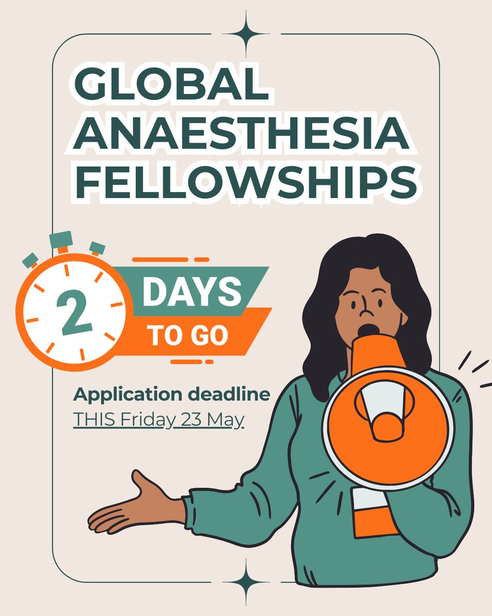 ⏳ 2 days to go! Apply now for a Global Anaesthesia Fellowship 🌍
🗓️ Deadline: this Friday, 23 May
📍 In-country &amp; remote options, Ethiopia &amp; Zambia

👉 gadpartnerships.com
#Anaesthesia #GlobalHealth #FellowshipOpportunity #GADP #SafeSurgery