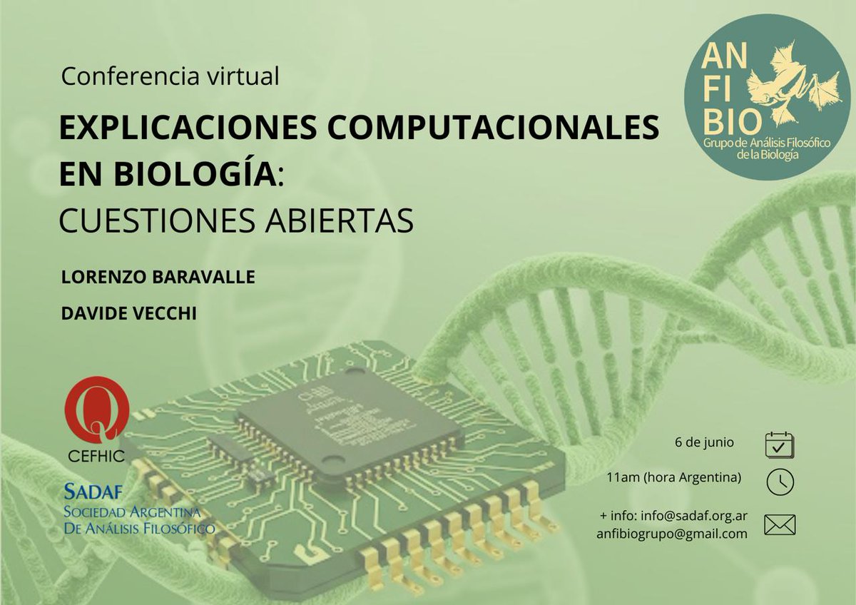 Los invitamos a la conferencia virtual “Explicaciones computacionales en biología”, con Lorenzo Baravalle y Davide Vecchi. 6 de junio, 11 h (ARG). Inscripción: forms.gle/N48by8ruQYe1... Info: anfibio.com.ar