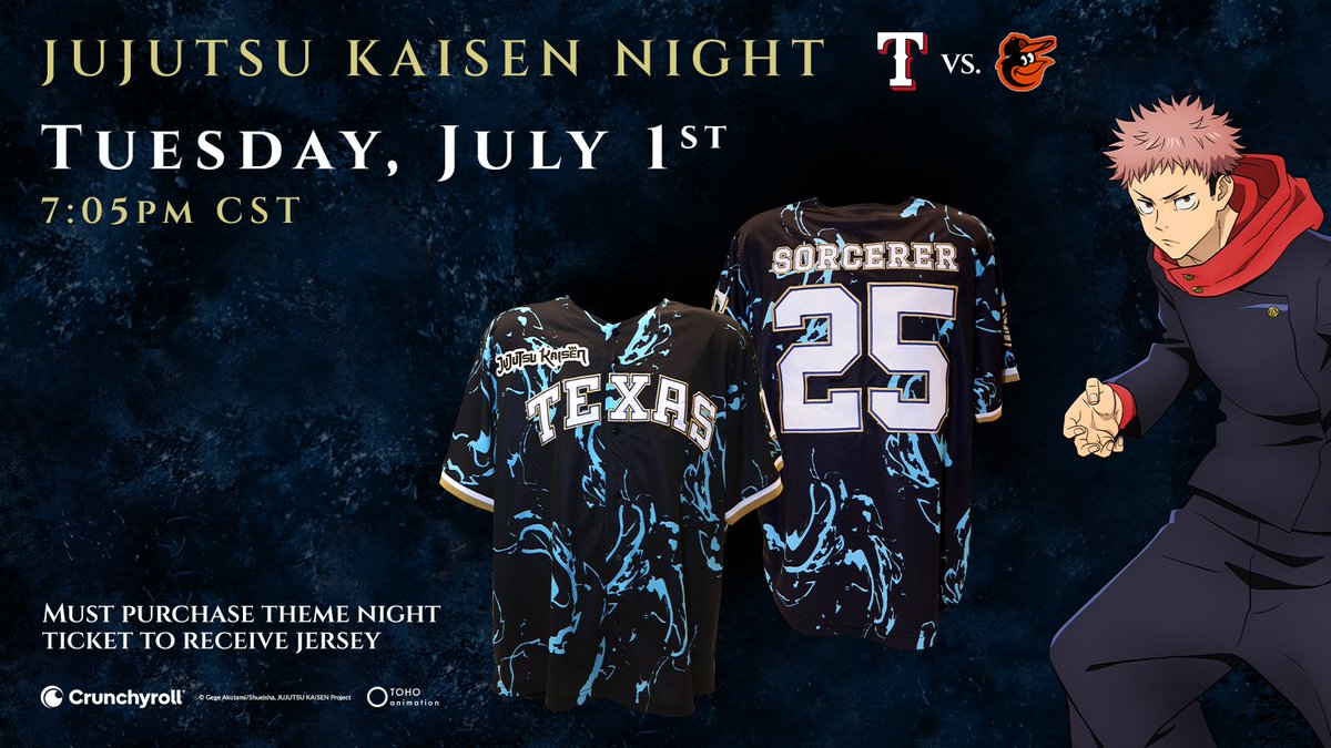 Texas Rangers fans! Join us July 1st for JUJUTSU KAISEN Night and unleash your cursed energy to snag an exclusive jersey ⚾

⚾ More: got.cr/jjkrangersmlb-…