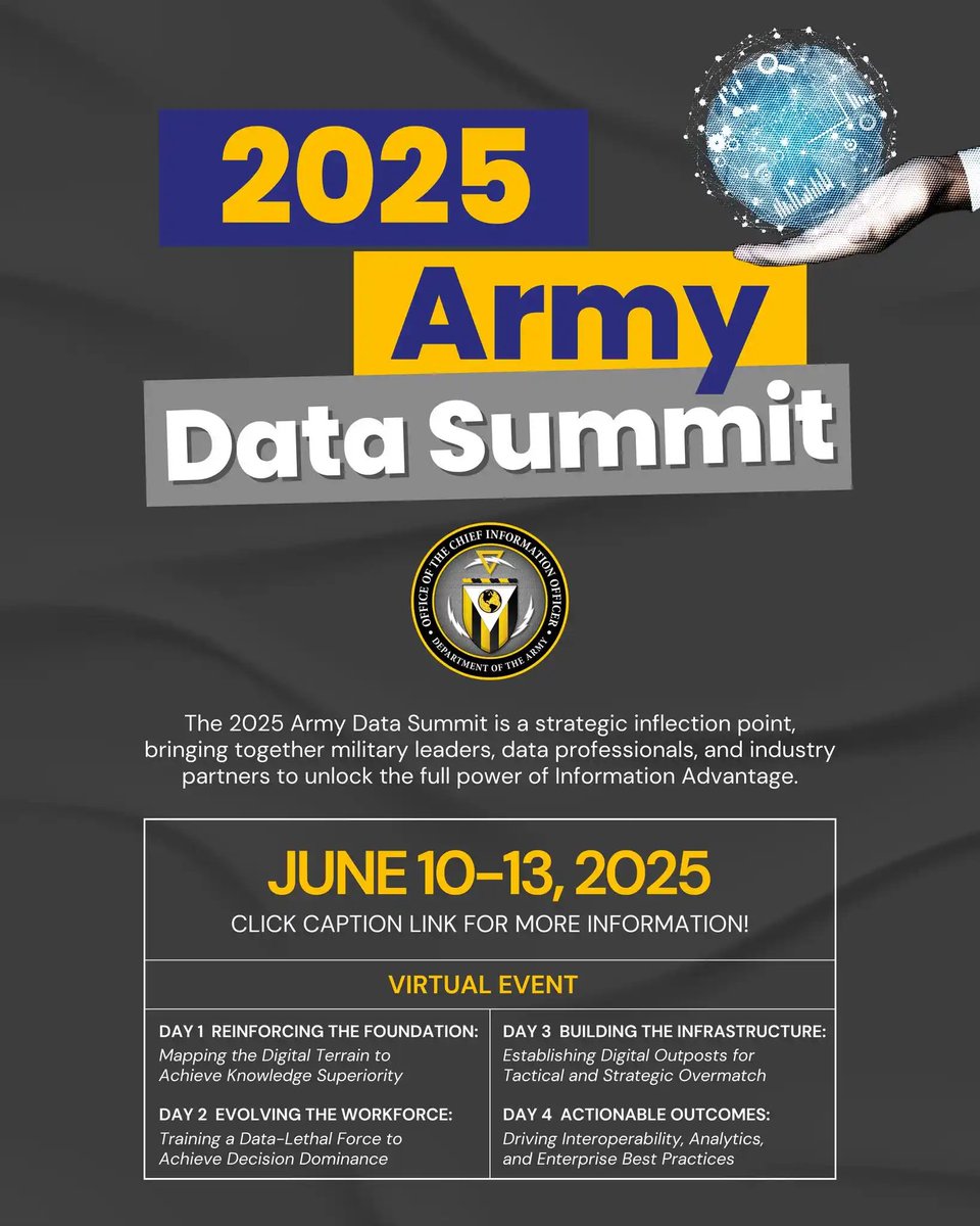 Leveraging data = increased lethality.
Join the leading military and industry experts from around the world for the 2025 Army Data Summit June 10-13. 
Register for the fully virtual event ➡️ armydatasummit.com/Home

#EducatetoWin #TransformationInContact #ADS2025