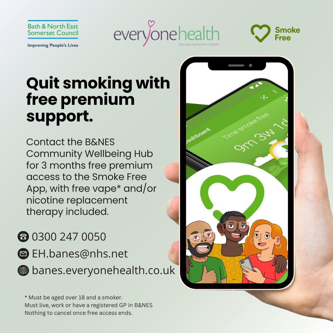 B&NES Council (@bathnes) on Twitter photo Did you know?
As a B&NES resident, you can access 24 hour support to quit smoking through the Smoke Free App, with 3 months free access to all premium features.
Is it time to quit smoking for good?
Contact the <a href="/CWHBANES/">Community Wellbeing Hub</a> today. Did you know?
As a B&NES resident, you can access 24 hour support to quit smoking through the Smoke Free App, with 3 months free access to all premium features.
Is it time to quit smoking for good?
Contact the <a href="/CWHBANES/">Community Wellbeing Hub</a> today.