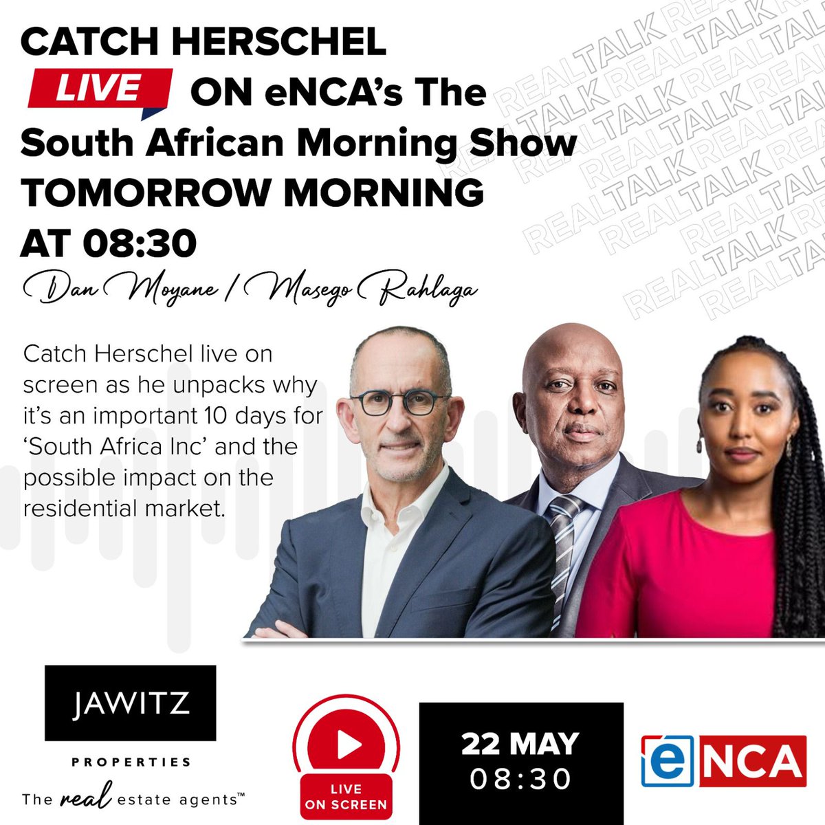 Jawitz Properties (@jawitzprop) on Twitter photo Catch <a href="/HerschelJawitz/">Herschel Jawitz</a> live on screen with <a href="/BraDanTMoyane/">Dan Moyane</a> & <a href="/MasegoRahlaga/">Masego Rahlaga</a> tomorrow morning on <a href="/eNCA/">eNCA</a> #TheSouthAfricanMorning Show, as he unpacks why its an important 10 days for βSouth Africa Incβ & possible impact on the residential market.
The ππππ estate agentsβ’
#Jawitz Catch <a href="/HerschelJawitz/">Herschel Jawitz</a> live on screen with <a href="/BraDanTMoyane/">Dan Moyane</a> & <a href="/MasegoRahlaga/">Masego Rahlaga</a> tomorrow morning on <a href="/eNCA/">eNCA</a> #TheSouthAfricanMorning Show, as he unpacks why its an important 10 days for βSouth Africa Incβ & possible impact on the residential market.
The ππππ estate agentsβ’
#Jawitz