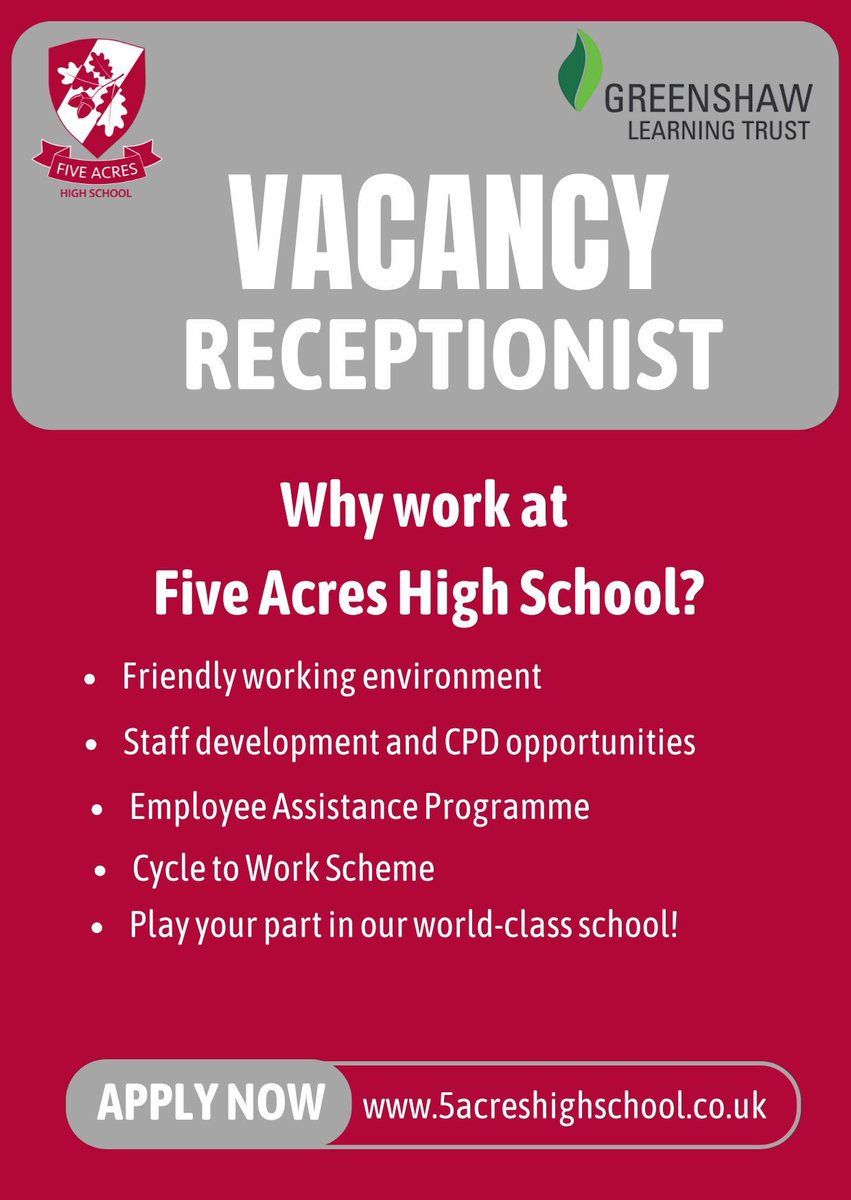 We have a great opportunity to join the admin team of our world-class school as our Receptionist. For full details and to apply, please go to buff.ly/MoZwEG7 
Closing date for applications: 1/6/2025