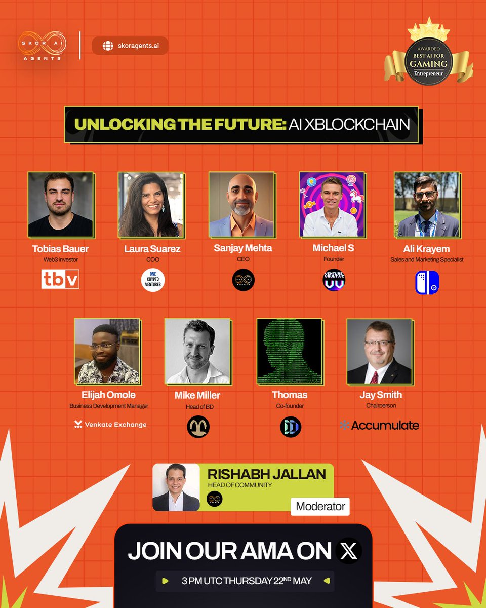 theskorai's tweet photo. Unlocking the Future: AI Meets Blockchain  🤖⛓️

We're uniting leading voices in AI and blockchain to explore their powerful intersection—shaping the future of intelligent and decentralized technologies. 

We’ll also break down the game-changing US — Gulf recently announced AI chip deals!!!

📅 Date: Thursday, May 22nd
⏰ Time: 3 PM UTC
📍 Join live on X: https://t.co/kbcDtbVPXw

If you would like to join our spaces DM for speaking opportunities.

🎁 $50 GIVEAWAY ALERT!
We’re giving away $10 each to 5 users whose questions get selected!

💡 How to participate?
Drop your questions NOW for a chance to win. 👇

⚠️ Important: You must be in the space live to be eligible for the giveaway!

🎙️ Featured Speakers:
🔹 Sanjay Mehta (@smehta33) – CEO of SKOR (@theskorai)
🔹 Tobias Bauer (@TobiasTBV) – Web3 Investor at TBV (@tbvxyz)
🔹 Laura Suarez (@laissu) – COO of One Crypto Ventures (@OCVCrypto)
🔹 Michael S. – Founder of Venture Vault (@venturevaultvc)
🔹 Ali Krayem (@alimkrayem) – Sales & Marketing Specialist at FazeZero
🔹 Elijah Omole (@JahEli__) – BD Manager at Venkate Exchange (@Venkate_io)
🔹 Mike Miller (@Mikemillered01) – Head of BD at Manifest (@ManifestTrade)
🔹 Thomas – Co-Founder of DDAI (@DDAI_Network)
🔹 Jay Smith (@JaySmithNotes) – Chairperson at Accumulate (@accumulatehq)

🎤 Moderator:
🔹 Rishabh Jallan – Head of Community at SKOR (@theskorai)

#AI #AIAgents #Web3 #DecentralizedAI #Tokenization