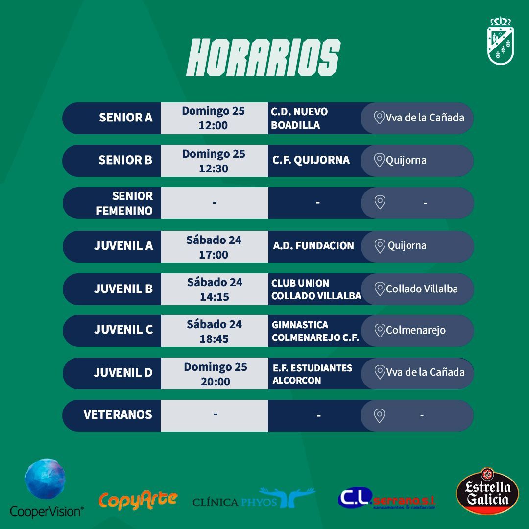 HORARIOS🟢

Os dejamos los horarios del fin de semana!!!!🔥

Patrocinadores oficiales #CooperVision #CopyArte @clinicaphyos @cirilo_lopez_serrano_sl #EstrellaGalicia

#vamosverdes #forzacañada #lacañadaisallin 💚