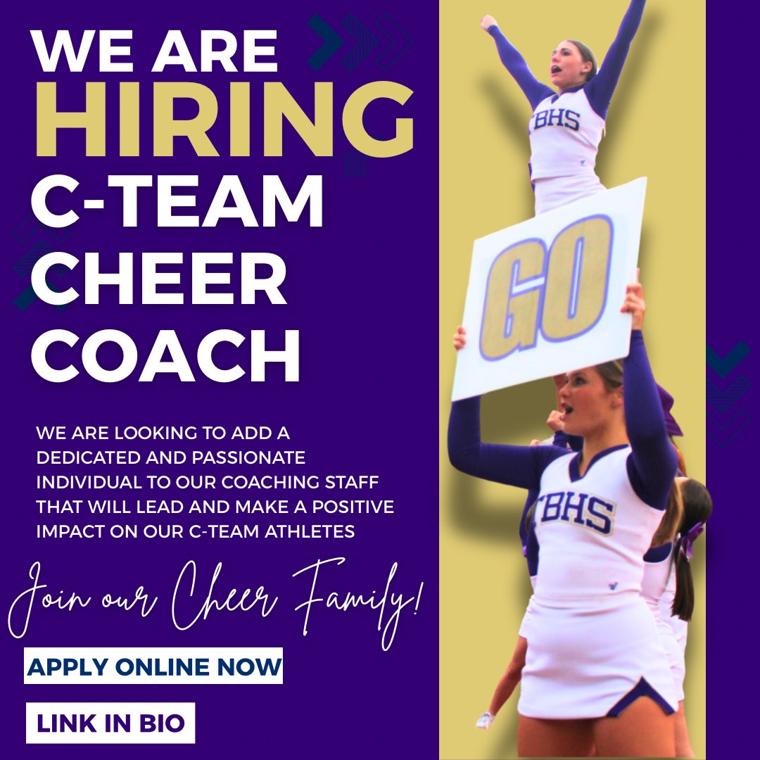 HIRING C-TEAM/9TH GRADE LEVEL COACH📣📣

We are looking for individuals who are dedicated and passionate about cheerleading to join our coaching staff and work with our amazing athletes!! Join our growing cheer family and APPLY today🤩💜
