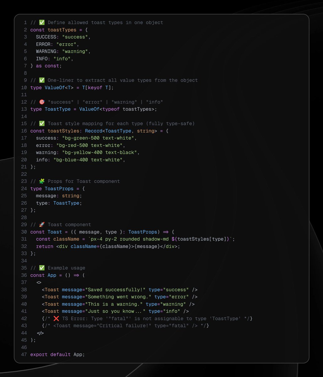 KaraBharat's tweet image. ⚡️ Smart TypeScript trick that makes config-driven UIs more reliable.
See it in action 👇