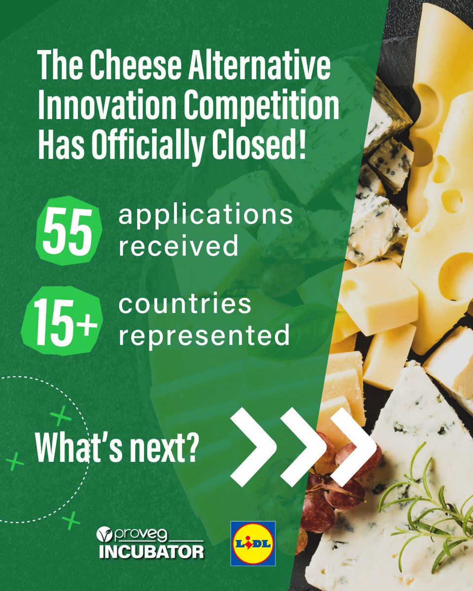 ProVeg_Int's tweet photo. 55 start-ups from 15+ countries, one mission: collaborate with #LidlGermany! 🌍🧀 The Lidl Cheese Challenge has officially closed, and we were impressed by the innovative entries. Next stop: the Lidl #PlantBasedCheese Tasting Event on 26 June at Lidl HQ. Stay tuned! 👀 https://t.co/xREtNrao95