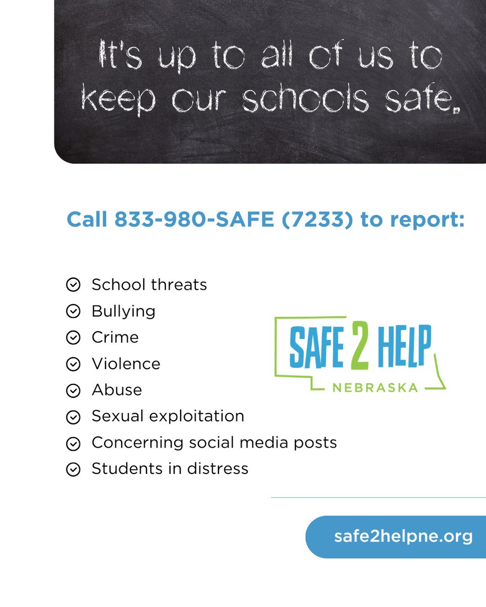 Worried about your school’s safety? A friend’s safety? Don’t stay silent. You can safely and anonymously report the following through our app—all summer long.

📲 Download the Safe2Help app so it's there when you need it! safe2helpne.org
