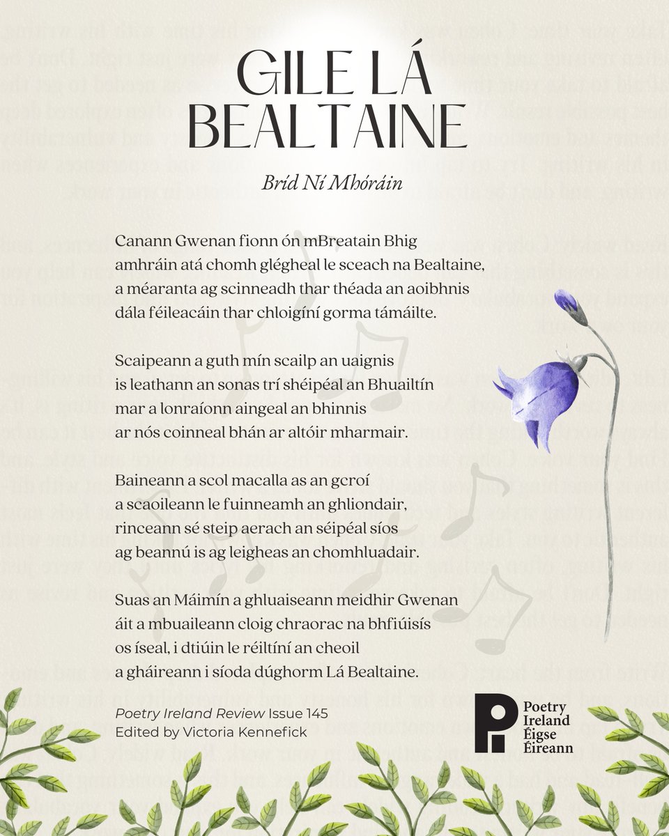 Poetry Ireland (@poetryireland) on Twitter photo Dán álainn le haghaidh mí na Bealtaine ó Bhríd Ní Mhoráin a bheidh ag léamh ag seoladh Poetry Ireland Review i Lios Tuathail ag an 31ú Bealtaine ag a 11 a chlóg ins an Kerry Writers Museum.
📖 poetryireland.ie/whats-on/launc…
<a href="/WritersWeek/">Writers' Week</a> #PIR145 Dán álainn le haghaidh mí na Bealtaine ó Bhríd Ní Mhoráin a bheidh ag léamh ag seoladh Poetry Ireland Review i Lios Tuathail ag an 31ú Bealtaine ag a 11 a chlóg ins an Kerry Writers Museum.
📖 poetryireland.ie/whats-on/launc…
<a href="/WritersWeek/">Writers' Week</a> #PIR145