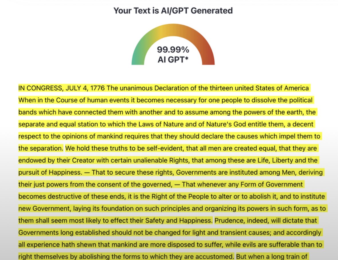 TrungTPhan's tweet image. Online AI detector says Declaration of Independence is 99.99% written by AI.
Which chatbot did Founding Fathers use?