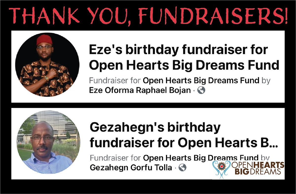 OpenHeartsBigD1's tweet photo. Thank You, Birthday Fundraisers! We’re grateful to Eve and Gezahegn for using their birthdays to raise funds for OHBD! Your generous support will help us create and distribute more bilingual books for kids in Ethiopia and around the world. Thank you for supporting literacy! https://t.co/QjJTpJc0bz