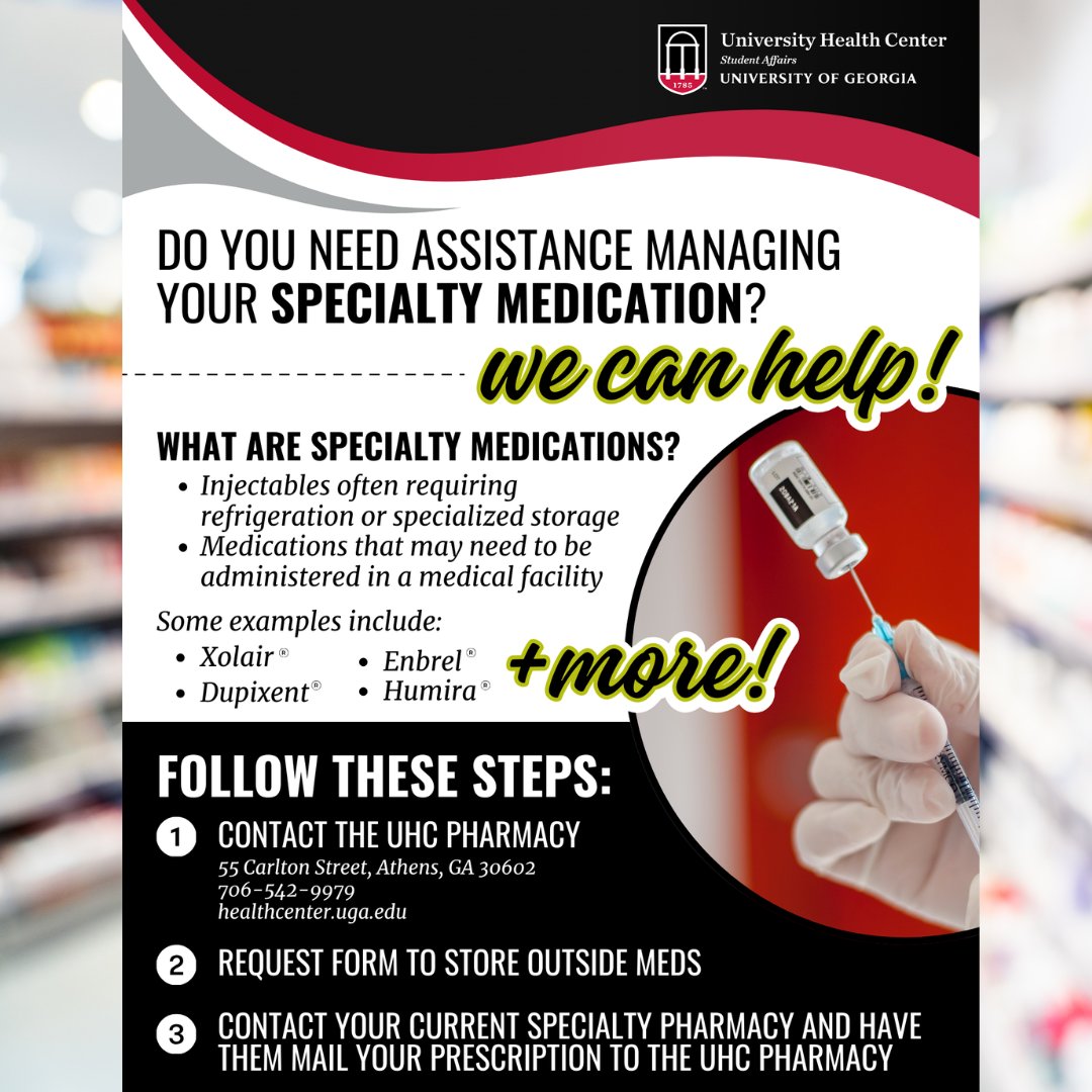 🎓💊📦 Balancing college life and specialty medications? You're not alone. Whether it's refills, side effects, or staying on track—don’t be afraid to ask for help. Your health matters just as much as your grades. Let us help YOU! #BeWellUGA #WelcomeUGA @ugafamilies @ugaparents