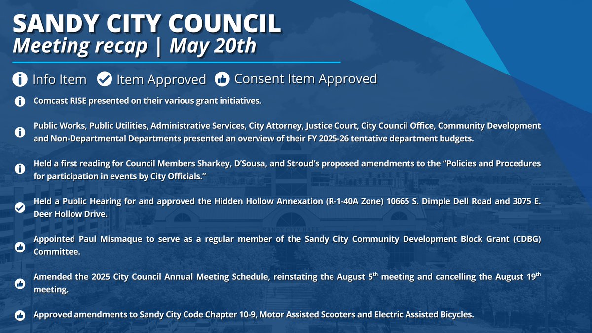 Missed last night's City Council meeting? Here's a recap! You can also watch a recording of last night's meeting here: tinyurl.com/sandycouncilme…