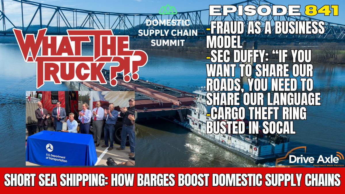 TimothyDooner's tweet photo. Now on demand: Short sea shipping; Duffy signs English language EO; fraud as a business model | WHAT THE TRUCK?!?

Watch: https://t.co/2gIPFaoj1z

- @SecDuffy signs English language ELP EO
- Apple trucking heist in PA
- Armenia cargo theft ring busted in SoCal
- @Overhaulinc Danny Ramon on Freight Fraud as a Business Model
- @open_tug Can you say "short sea shipping" 5 times fast? We're talking all about how barges enhance the domestic supply chain
- The industry says "short sea shipping" with @BamaBass - @Trckstopdotcom Jorge Barrios - @supertrucker - Brittney Dorr - @ArmchairAtty - @lucky_sharms - @graciemanelafr8 - @charleydehoney - @Trukparkingclub - @BenMcCulley - @lostisreed - @benvanzee - John Oldham Jr at Field - @_userprime - my sons

Or lookup WHAT THE TRUCK?!? wherever you get podcasts and @FreightWaves YouTube

Radio replay at 5 and 11pm et on @SIRIUSXM @RoadDogTrucking ch146