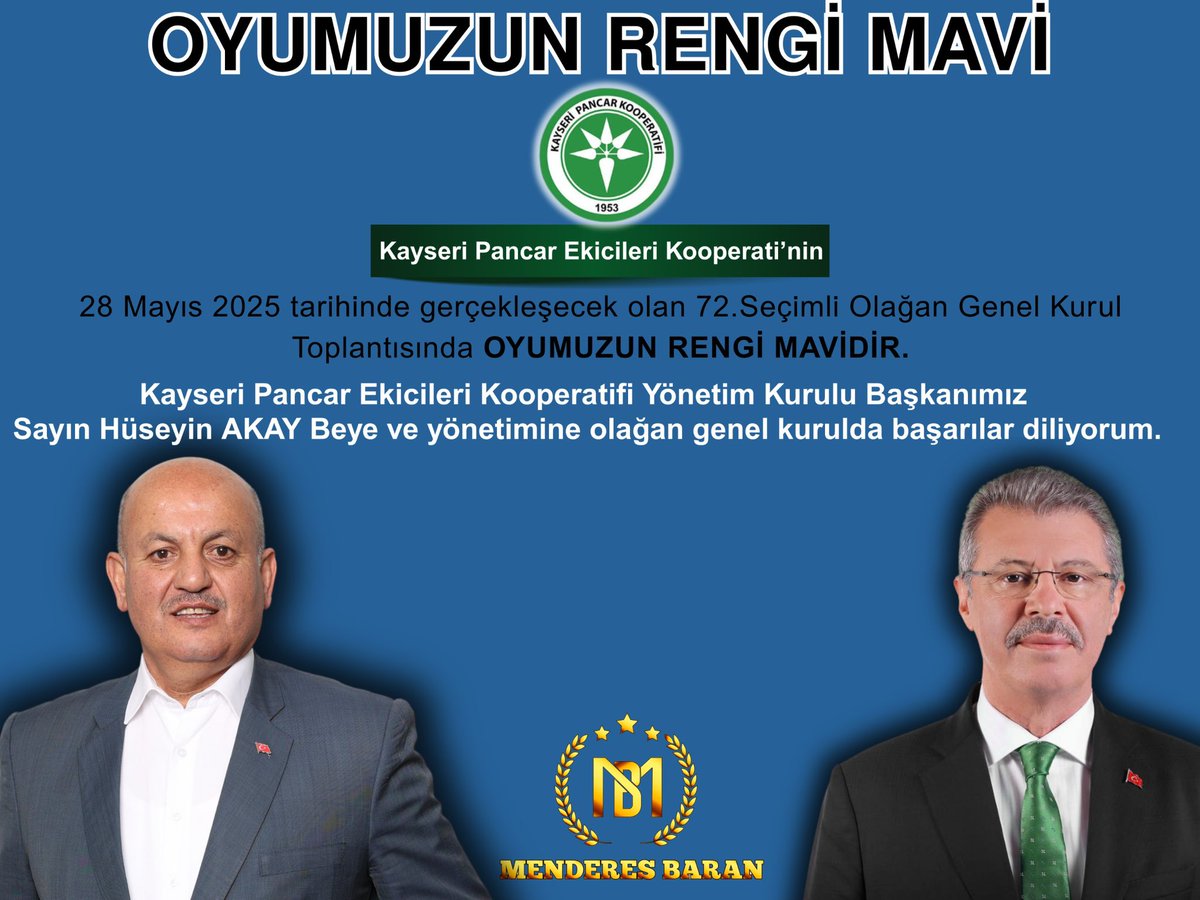 28 Mayıs 2025 tarihinde gerçekleşecek olan 72.Seçimli Olağan Genel Kurul Toplantısında OYUMUZUN RENGİ MAVİDİR.

Kayseri Pancar Ekicileri Koop. Yönetim Kurulu Başkanımız Sayın <a href="/h_akay38/">Hüseyin AKAY</a> Beye ve yönetimine olağan genel kurulda başarılar diliyorum.

<a href="/kayseri_seker/">Kayseri Şeker</a>