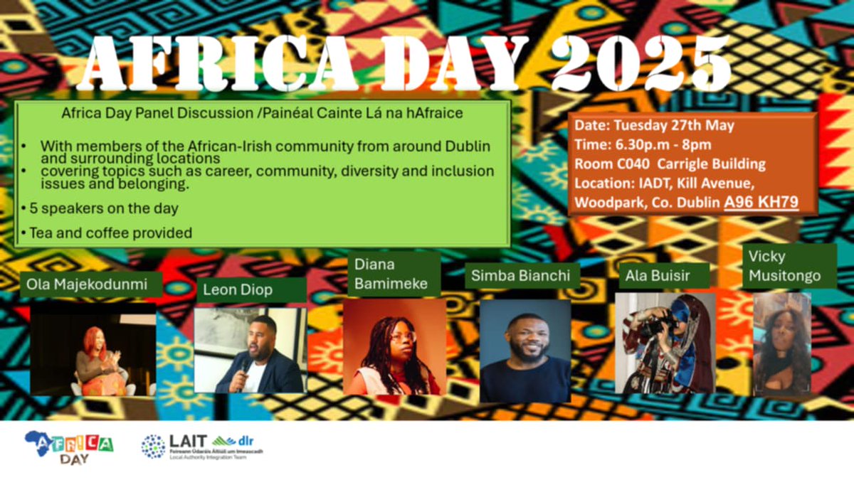 Join us next Tuesday evening at 6:30pm in <a href="/myIADT/">IADT Dún Laoghaire</a> for our <a href="/dlrcc/">Dún Laoghaire-Rathdown County Council</a> <a href="/AfricaDay/">Africa Day Ireland</a> panel discussion! All welcome ✨️🌍🗣☘️ Bí linn.

<a href="/Simba_Bianchi/">MixedBySimba</a> <a href="/buisir/">Ala</a> <a href="/DiopLeon/">Leon Diop</a>