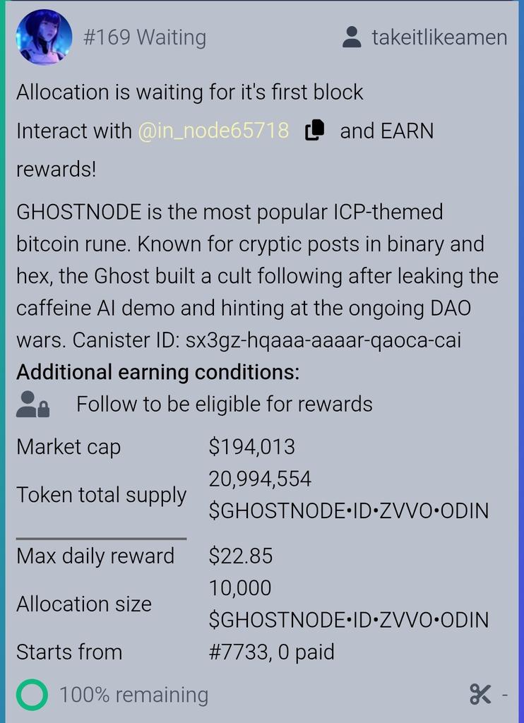 Nice🔥🔥🔥 
New allocation available on 
🤡social.insaneclownprotocol.com🤡
All you have to do: 
🤡Sign in
🤡Interact with <a href="/in_node65718/">Ghost in the Node</a> 
🤡Follow 
🤡Earn
Thanks to <a href="/TakeitLikeaMen/">$Billy on ₿itcoin 🐱</a> for this
<a href="/realclownicp/">$CLOWN on ICP</a> @ICP 
Canister ID: sx3gz-hqaaa-aaaar-qaoca-cai
Odin.fun/token/2jzc