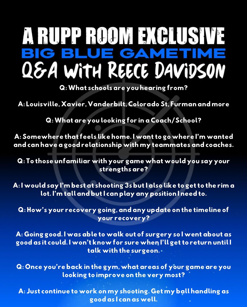Kamdyn (@kamdynbbn) on Twitter photo RECRUIT INTERVIEW: 3⭐️ Reece Davidson
(Vol. 005) <a href="/ReeceDavidson26/">Reece Davidson</a>
The North Laurel product joins us for an interview in The Rupp Room!
“Just Continue to work on shooting. Get my ball handling as good as I can.”
Hearing from Teams like ⬇️⬇️⬇️
Louisville
Xavier
Vanderbilt
& RECRUIT INTERVIEW: 3⭐️ Reece Davidson
(Vol. 005) <a href="/ReeceDavidson26/">Reece Davidson</a>
The North Laurel product joins us for an interview in The Rupp Room!
“Just Continue to work on shooting. Get my ball handling as good as I can.”
Hearing from Teams like ⬇️⬇️⬇️
Louisville
Xavier
Vanderbilt
&