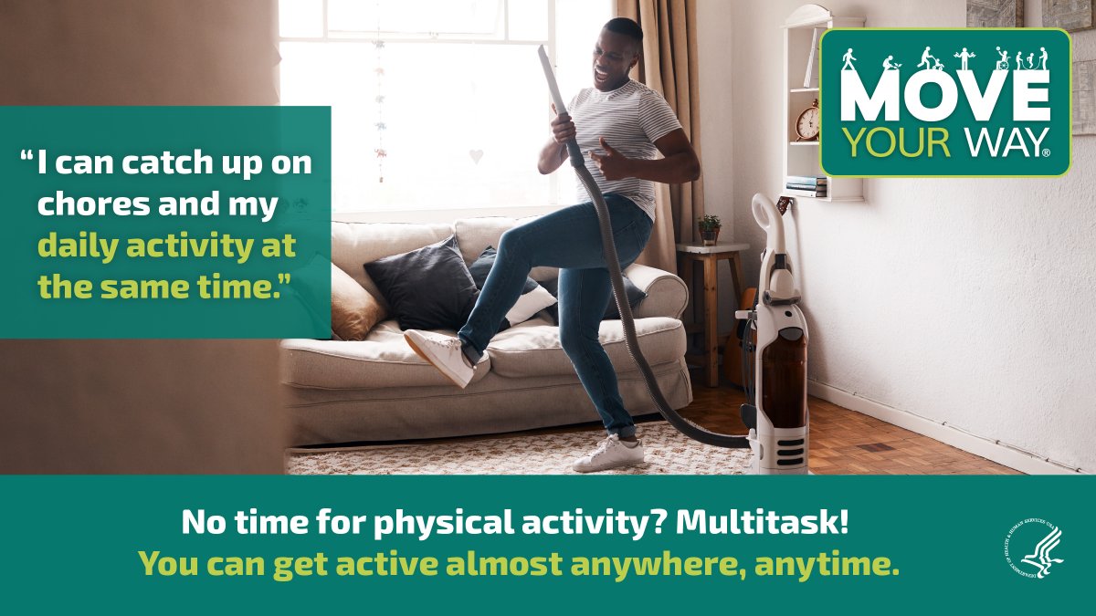ACPublicHealth's tweet photo. May is National Physical Fitness and Sports Month!  Want to fit more #PhysicalActivity in your day? Multitask by adding squats, lunges, and other movements while getting your chores done. #MoveYourWay https://t.co/RJQ8YUaE1M
