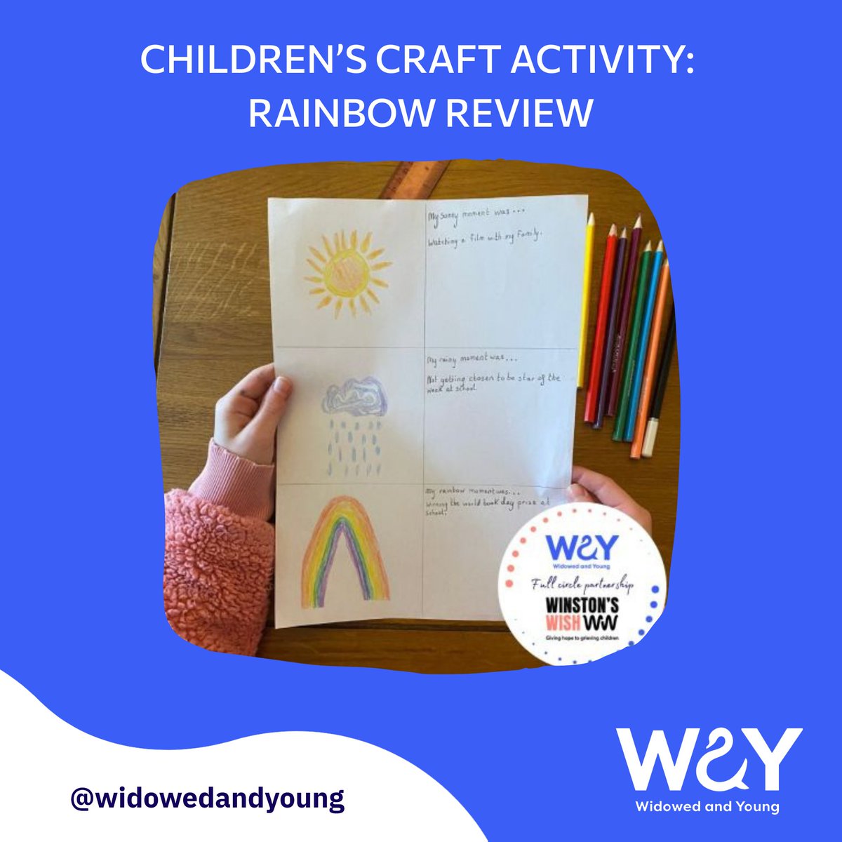 WAY Widowed and Young (@widowedandyoung) on Twitter photo Today we're sharing another craft activity from our friends over at <a href="/winstonswish/">Winston's Wish</a>. This Rainbow Review activity is a way to open up a conversation about how your child is feeling.
ow.ly/wJOb50VW9YQ
#supportinggrievingchildren #parentloss Today we're sharing another craft activity from our friends over at <a href="/winstonswish/">Winston's Wish</a>. This Rainbow Review activity is a way to open up a conversation about how your child is feeling.
ow.ly/wJOb50VW9YQ
#supportinggrievingchildren #parentloss