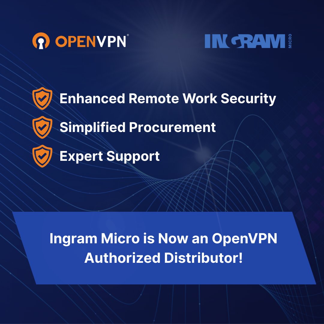 OpenVPN's tweet image. As businesses demand stronger, more flexible remote access solutions, partnerships matter more than ever. That’s why OpenVPN is proud to join forces with @IngramMicroInc. 

See how we’re scaling our impact: openv.pn/3SKoE8v

#Cybersecurity #OpenVPN #IngramMicro