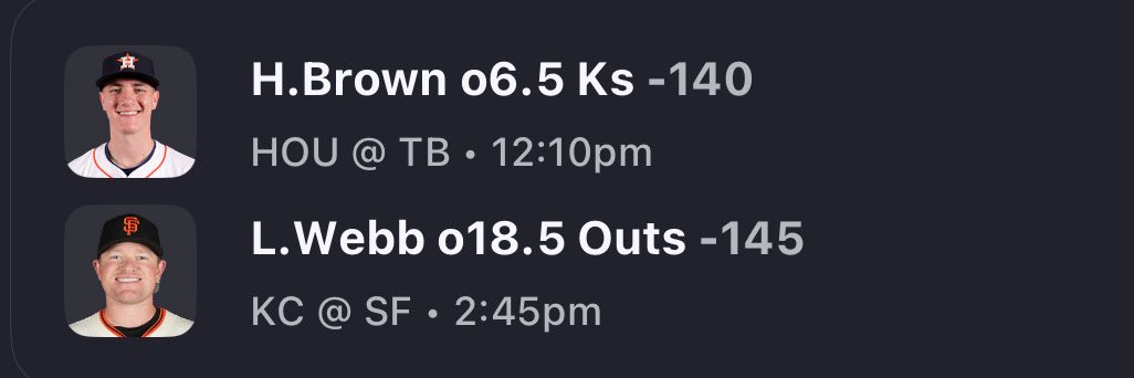 🔥 Logan Webb o18.5 outs: 2.42 ERA, 1.12 WHIP, MLB-best 3.92 GB/FB at home, faces KC’s cold bats (.228 L30, 2.3 R/G).

🔥 Hunter Brown o7 Ks: 1.43 ERA, 32.2% K%, .170 AVG against, Rays 23.8% K% vs RHP &amp; bottom 5 wRC+.

Both in really good spots🔜
