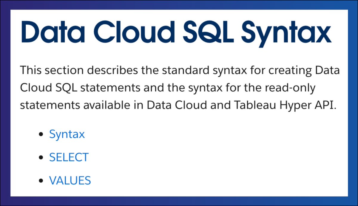 Struggling with SQL in Data Cloud? This doc has your back.
From basics to advanced query tuning + Tableau integration—find it all here.

Start exploring → sforce.co/3FcbEpg