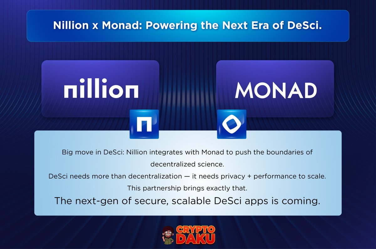 Nillion x Monad: Powering the Next Era of DeSci Big move in DeSci: Nillion  integrates with Monad to push the boundaries of decentralized science.  DeSci needs more than decentralization — it needs