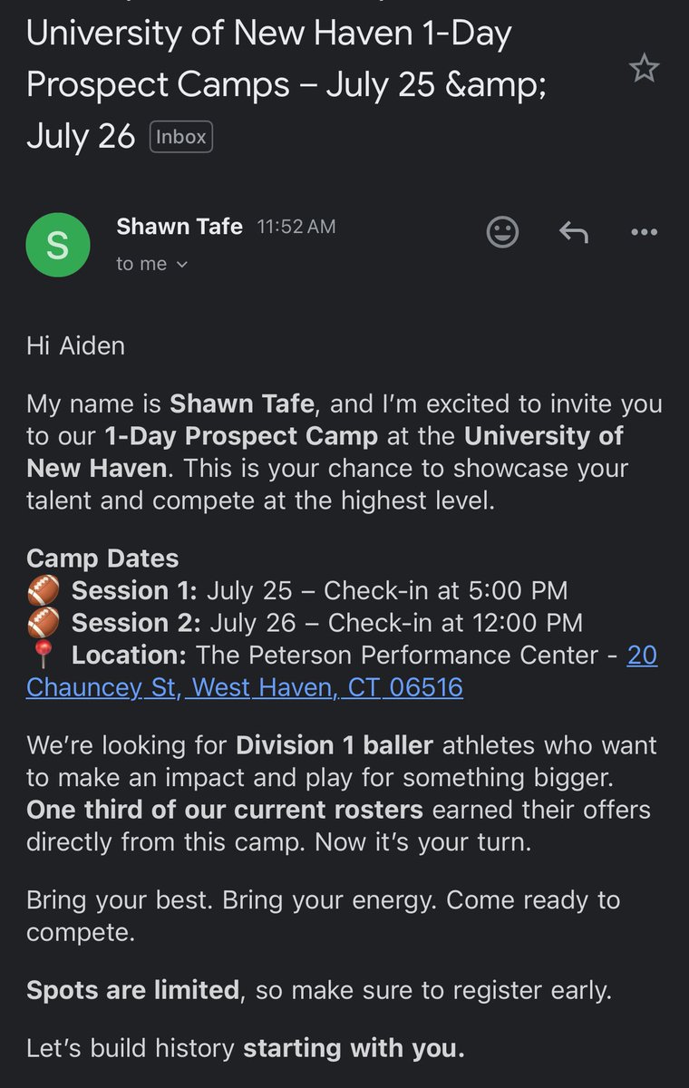 aidengamarra's tweet image. Thank you @Coach_Tafe1 and @UNewHavenFB for the camp invite. Blessed for the opportunity to compete!
#year2 #classof28