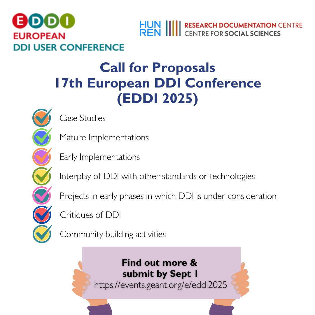 The 17th European DDI User Conference (EDDI 2025) is accepting proposals for presentations, papers, and posters. Join us in Budapest, Hungary, December 1-5 to share your insights on metadata standards and data documentation. More info:  ddialliance.org/news/call-for-…