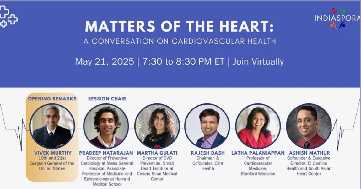 Dr. Martha Gulati ♥️🫀❤️🩹🇨🇦 (@drmarthagulati) on Twitter photo Don’t forget to join us tonight at 7:30 EST/4:30 PT to discuss #SouthAsian Heart Health
We are honoured to be joined by the former Surgeon General <a href="/vivek_murthy/">Vivek Murthy</a>
& amazing researchers/clinicians <a href="/pnatarajanmd/">Pradeep Natarajan</a> Dr. Palaniappan <a href="/Stanford/">Stanford University</a> Dr. Mathur <a href="/elcaminohealth/">El Camino Health</a> & Dr. Dash Don’t forget to join us tonight at 7:30 EST/4:30 PT to discuss #SouthAsian Heart Health
We are honoured to be joined by the former Surgeon General <a href="/vivek_murthy/">Vivek Murthy</a>
& amazing researchers/clinicians <a href="/pnatarajanmd/">Pradeep Natarajan</a> Dr. Palaniappan <a href="/Stanford/">Stanford University</a> Dr. Mathur <a href="/elcaminohealth/">El Camino Health</a> & Dr. Dash